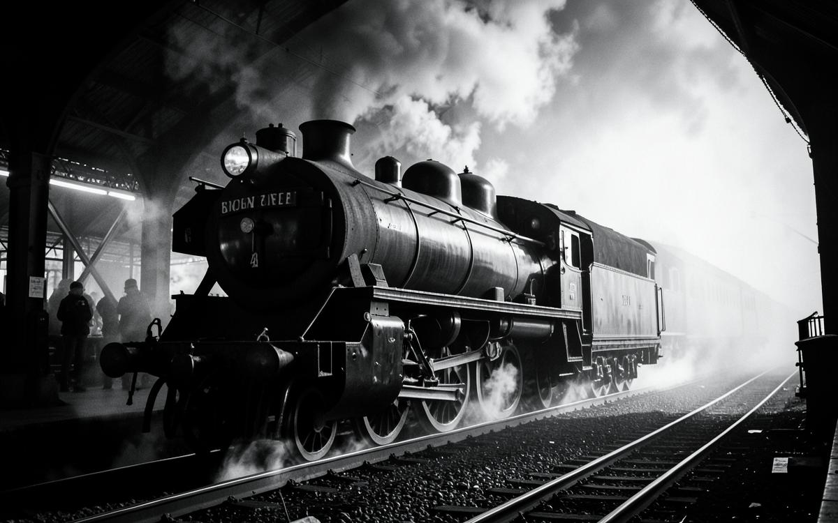 A vintage streamlined steam locomotive in a foggy depot, photographed in high-contrast black and white